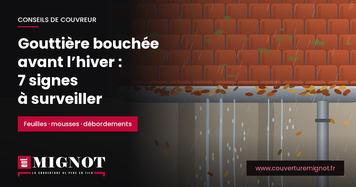 Illustration d'une goutti&egrave;re bouch&eacute;e par des feuilles mortes et de la mousse en bord de toiture, avec l'eau de pluie qui d&eacute;borde sur la fa&ccedil;ade