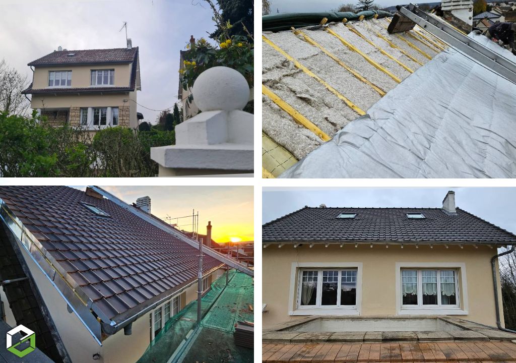 Avant apr&egrave;s r&eacute;fection de toiture &agrave; Eragny 95 avec isolation en rampant, pose de tuiles m&eacute;caniques et r&eacute;novation compl&egrave;te de couverture